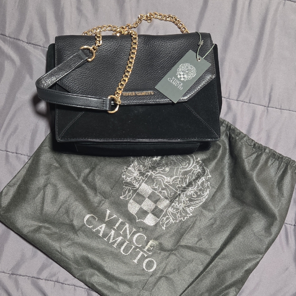 Vince Camuto Black Suede Leather Shoulder Bag with Gold Chain
